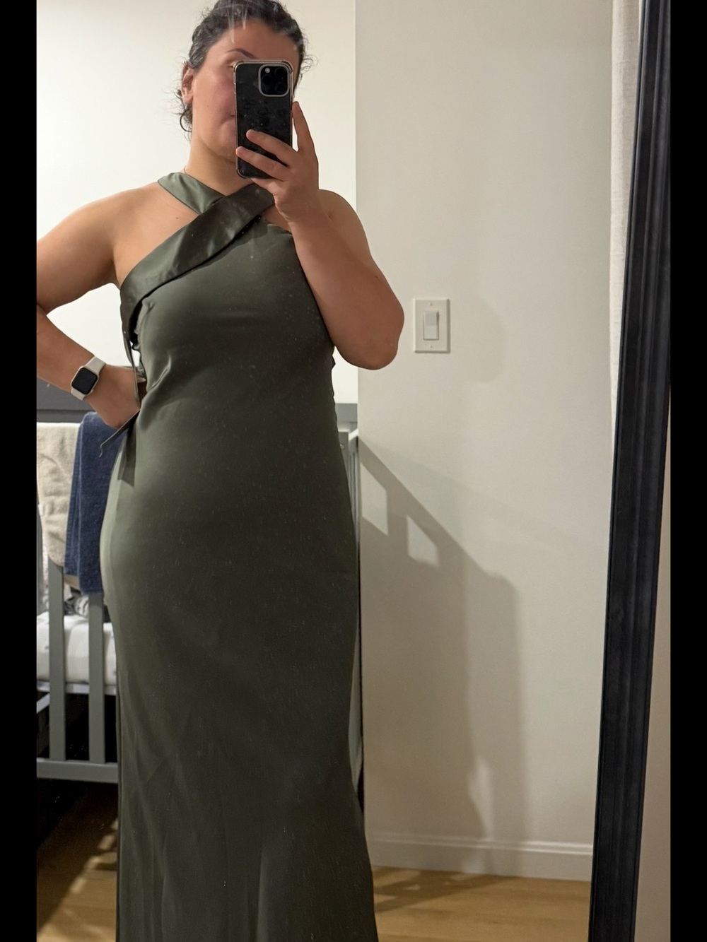 Xscape Olive Green One-Shoulder Satin-Trim Evening Gown